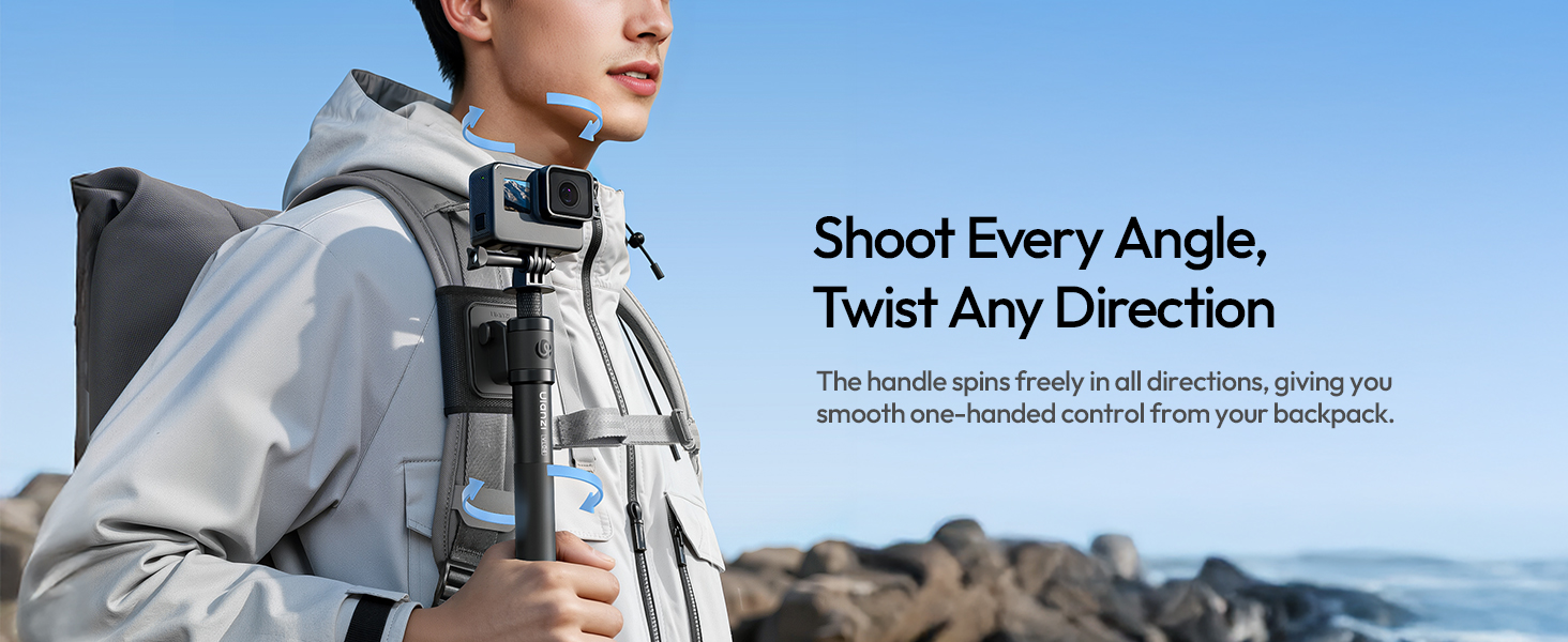 Text reads 'Shoot Every Angle, Twist Any Direction'. Promotional image showing camera mounting system in outdoor settings.