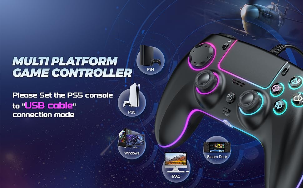 GUOC RGB Wired Controller for PS5/PS4 and PC with Hall Effect Trigger