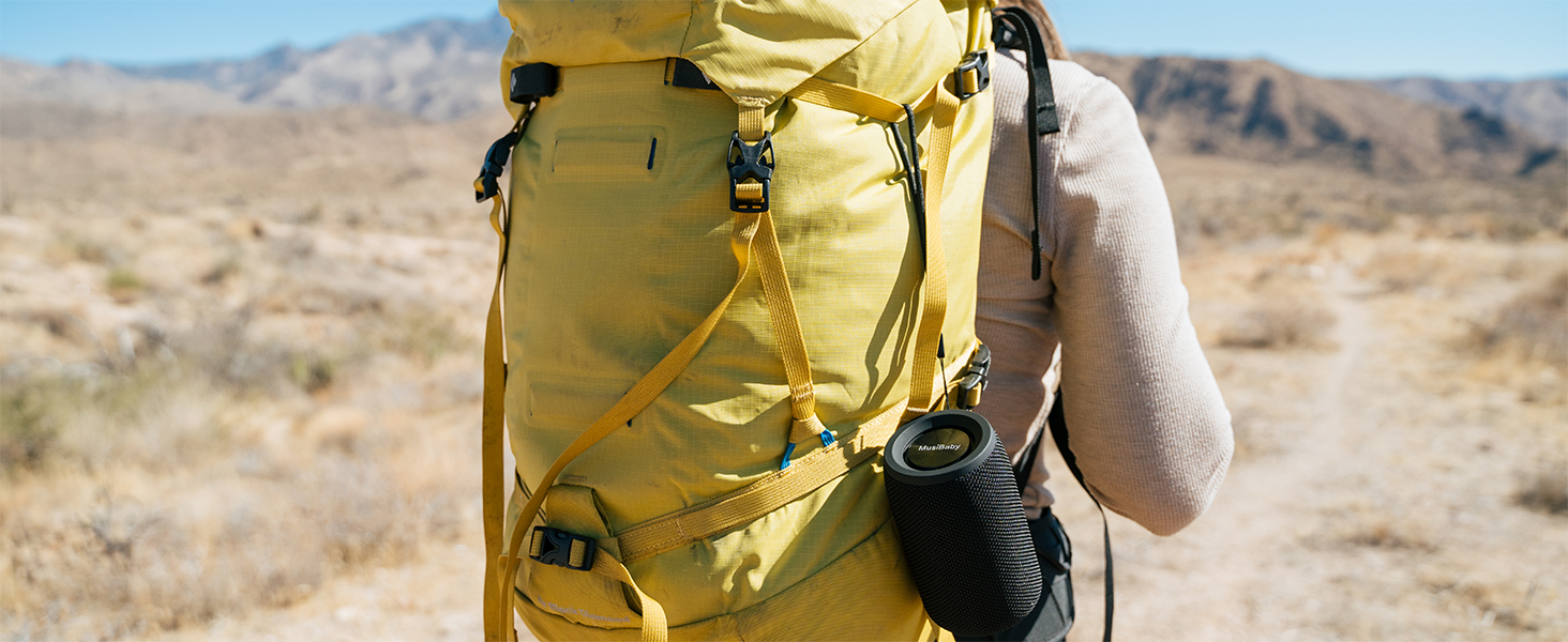 portable bluetooth speaker compact design 360 sound lightweight strap clip backpack hiking outdoor