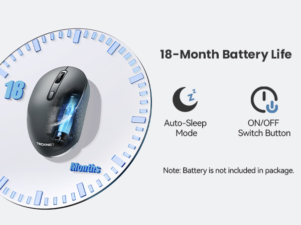 Text reads '18-Month Battery Life', 'Auto-sleep Mode', 'ON/OFF Switch button'. Circular diagram showing wireless mouse with blue lighting effect.