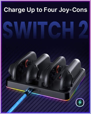 RGB-lit charging dock placed on the desk, actively charging