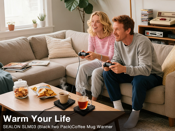 A cozy desk setup with a steaming mug next to an open book and a warm lamp
