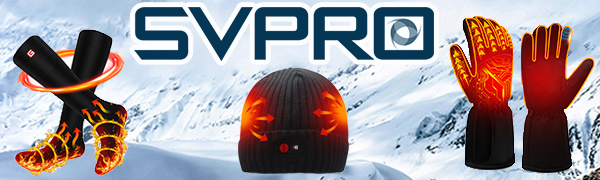 SVPRO branded winter sports gear featuring heated socks, beanie, and gloves in black and orange with illuminated heating elements against snowy background.