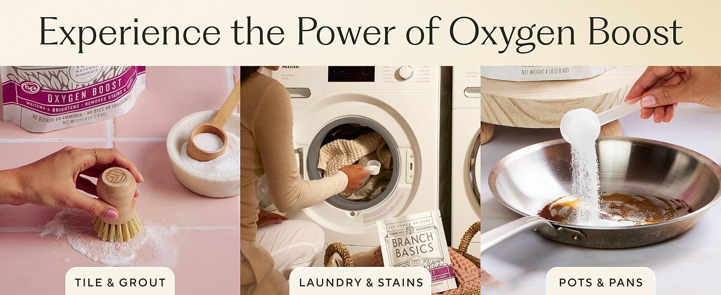Experience the power of Oxygen Boost : It works with tile, grout, laundry, stains and pots&amp;amp;pans