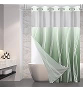 TWLSNCD Extra Long No Hook Ombre Green Striped Shower Curtain with Snap in Fabric Liner Set - Hot...