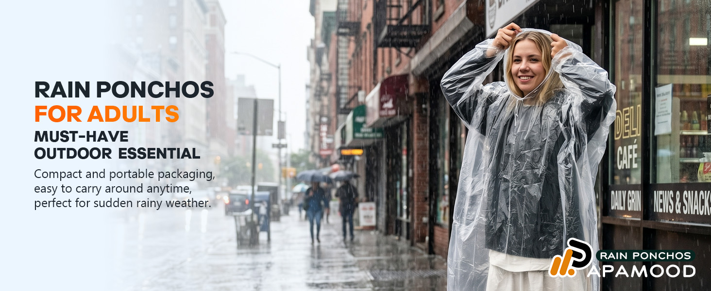 Emergency disposable poncho for men, with hood and pocket, compact for travel.