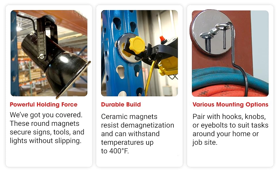 Image of magnet holding circles uses with text reading powerful holding force.