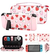 FUNDIARY Pink Travel Carrying Case for Nintendo Switch with Strawberry Design, Shockproof Accesso...