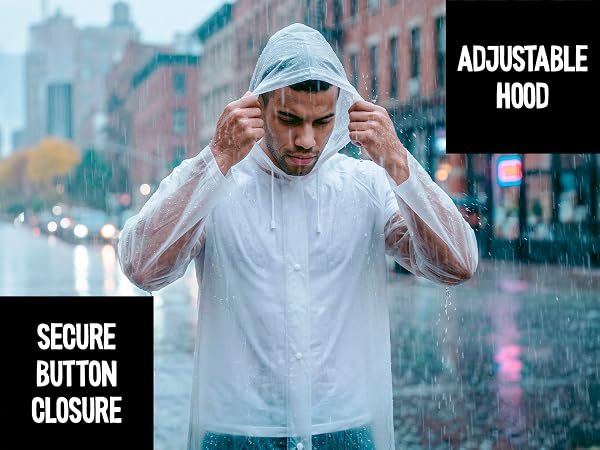 Text reads 'ADJUSTABLE HOOD' and 'SECURE BUTTON CLOSURE'. Person wearing white lightweight jacket with adjustable hood and secure button closure, demonstrating fit outdoors in urban setting.