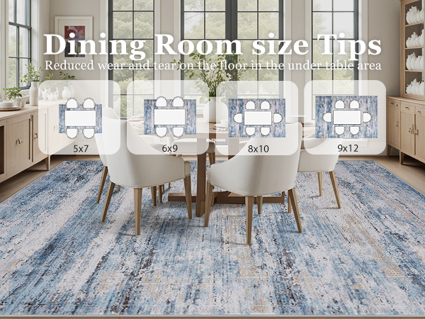 Water- and stain-resistant rugs are ideal for the dining room