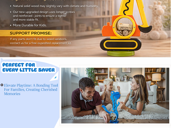 Upgraded wooden coin bank with reinforced screws for a tighter and more stable fit