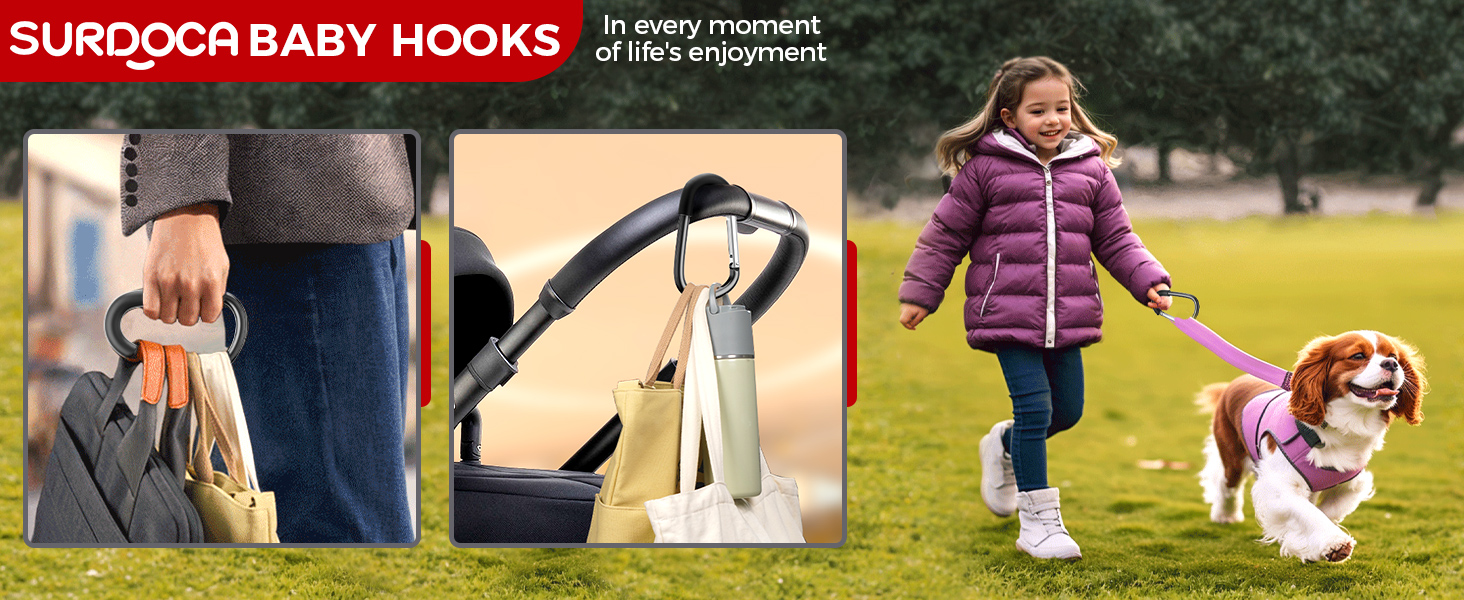Stroller hooks for hanging bags, shown in use and close-up. Child in purple coat walking dog. Text reads 'Surdoca Baby Hooks' and 'In every moment of life's enjoyment.'