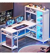 SEDETA Computer Desk with Storage Shelves, 59'' Office Desk with LED Light and Bookshelf, Corner ...