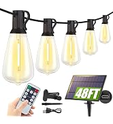 Larkvue 48FT Solar String Lights Outdoor with Remote, 16 ST38 Bulbs, Black | 3 Modes, Dimmable, T...