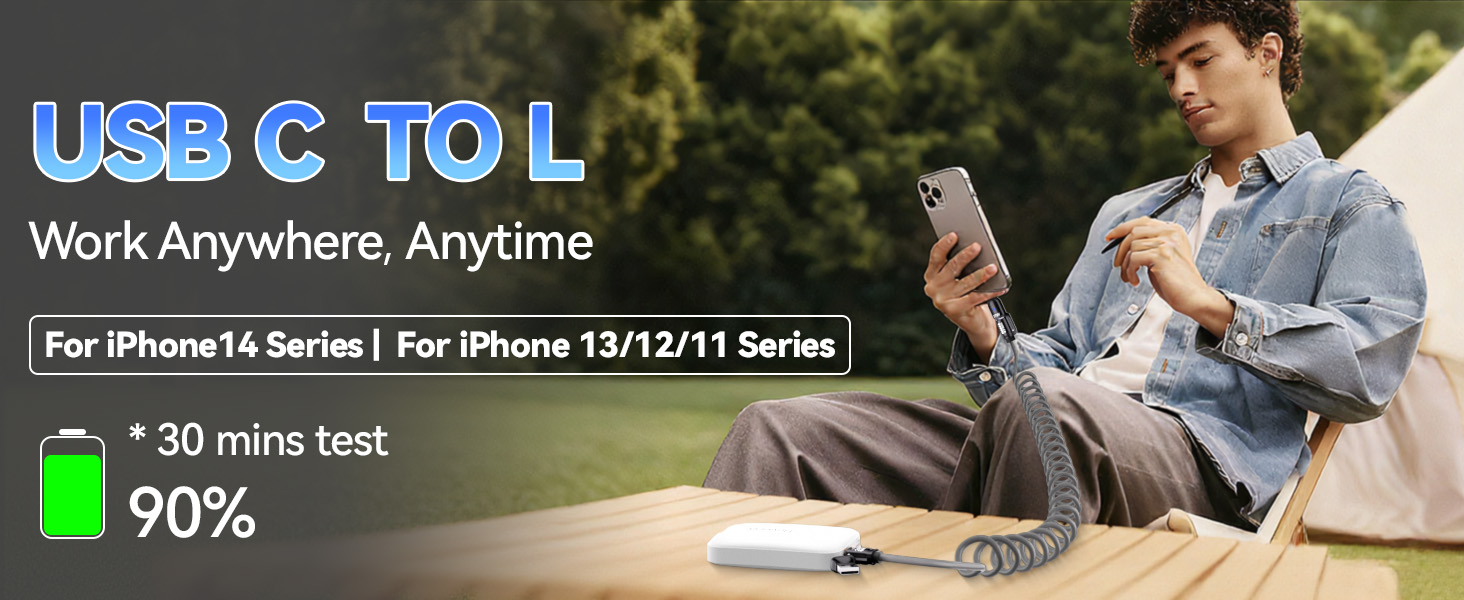 Text reads 'USB C TO L', 'Work Anywhere, Anytime', 'For iPhone14 Series', 'For iPhone 13/12/11 Series', '90 mins test 90%'. Product promotional image showing mobile device usage.