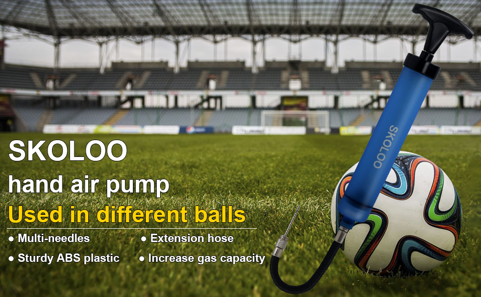 a blue hand air pump for soccer balls, the Ball Pump Kit with Needles, Nozzle, Extension Hose