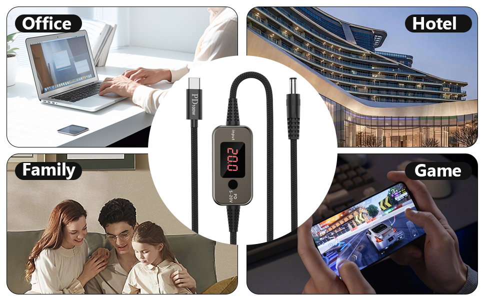 Text reads 'Office', 'Hotel', 'Family', 'Game'. Multi-panel image showing various usage scenarios for electronic device or connectivity solution.