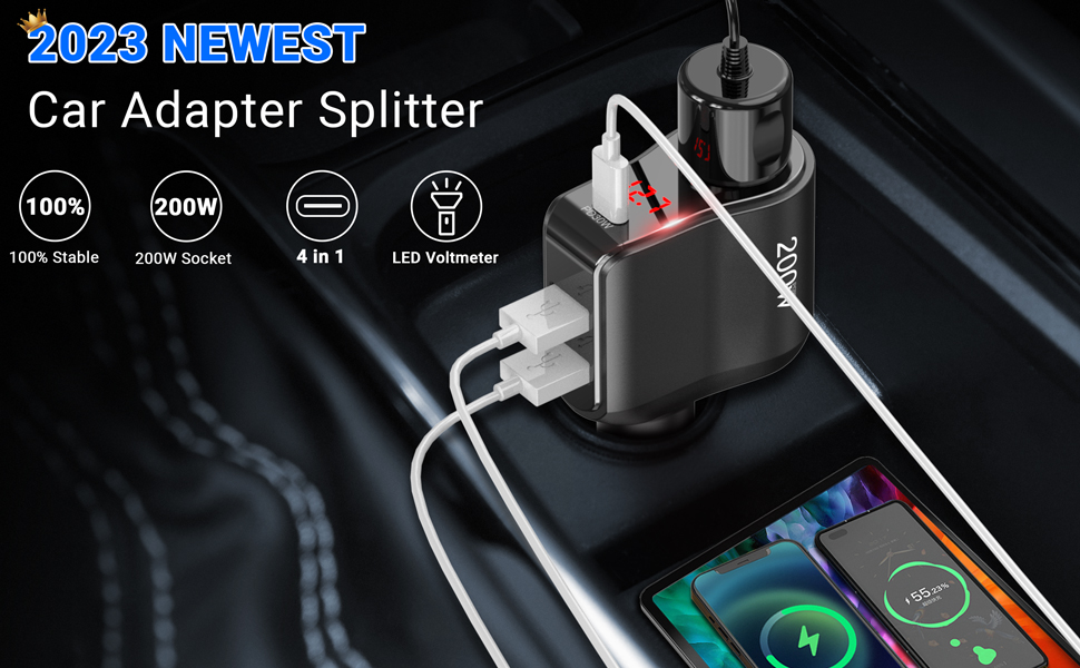 200W PD USB C Car Charger Adapter: 12V Cigarette Lighter Socket Splitter 12 volt DC Plug Multi Way