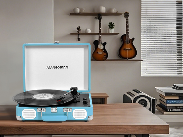 record player vintage turntable bluetooth blue record player