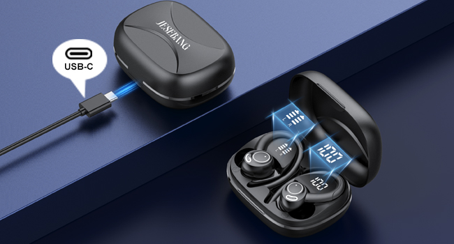 Wireless earbuds in black charging case with USB-C port. Blue LED display shows battery levels.