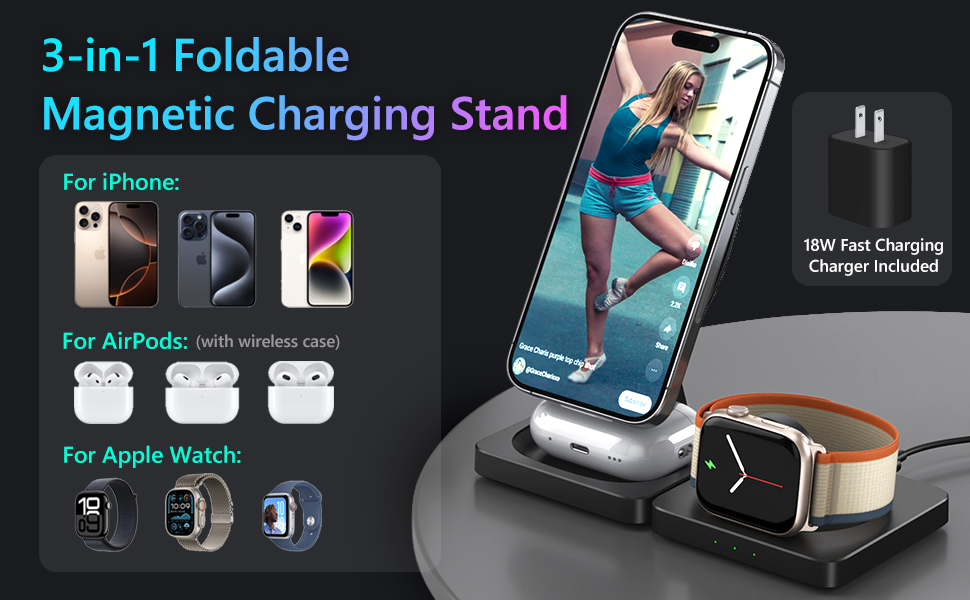 3 in 1 foldable magnetic wireless charger can charge for iPhone,for iWatch,and for AirPods