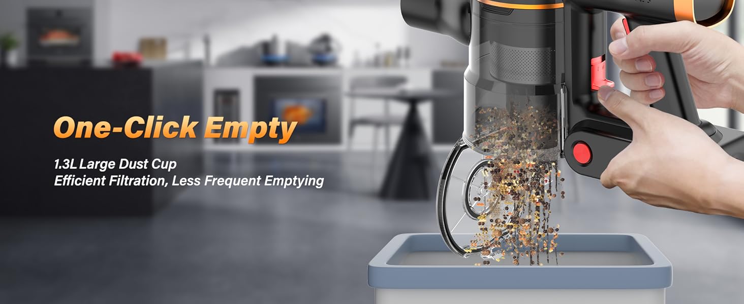 The lightweight cleaner's one-touch emptying design allows you to quickly empty dirt and debris