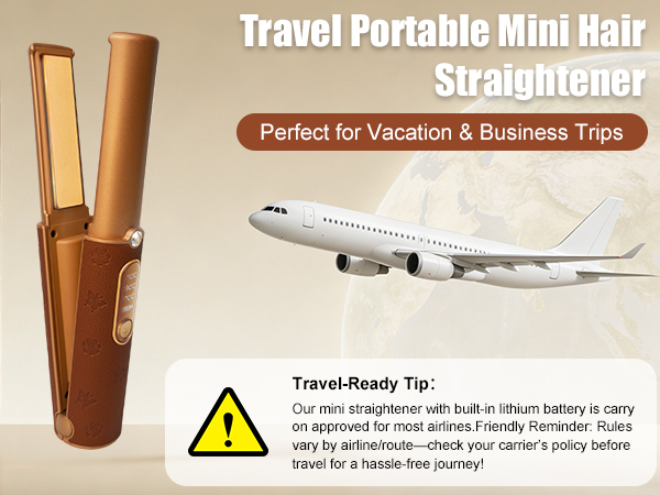 Text reads 'Travel Portable Mini Hair Straightener' and 'Perfect for Vacation &amp; Business Trips'. Product shown in brown/gold color with airplane in background, marketed as travel-sized hair styling tool.