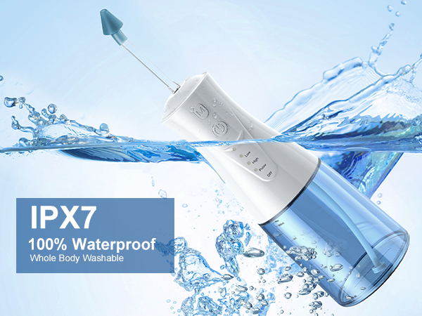 White electronic device with IPX7 waterproof rating shown splashing in water, featuring '100% Waterproof' specification text.