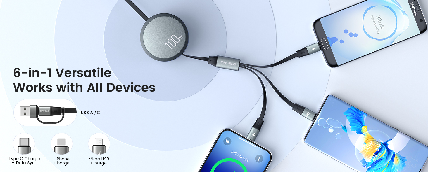 multi retractable usb c cable 6-in-1 Versatile for All Devices type c, L Phone, Micro USB port