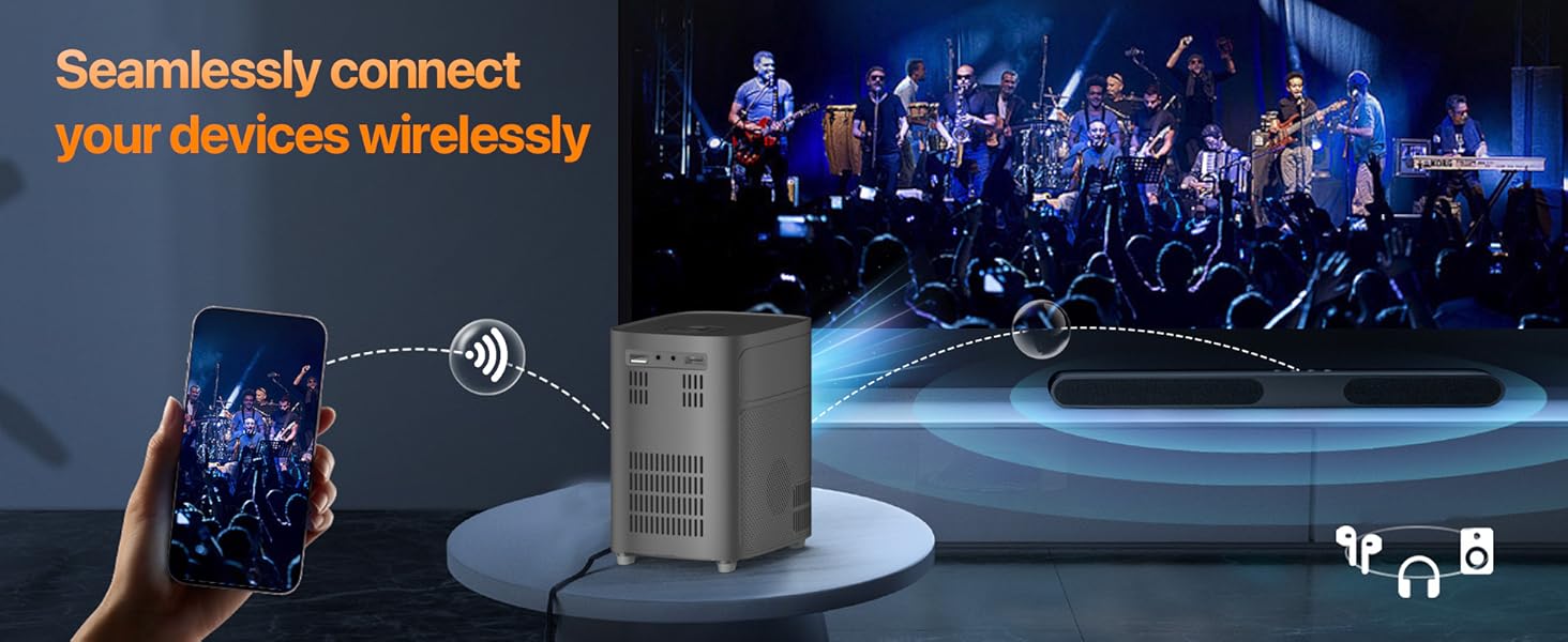 Text reads 'Seamlessly connect your devices wirelessly'. Dark background with blue illuminated technology elements showing wireless connectivity concept between multiple devices.