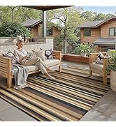 WondRg Outdoor Plastic Straw Rug Waterproof Patio 5x8 Brown Black Stripe Mat for Porch Camping RV...