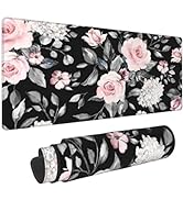 Floral Extended Gaming Mouse Pad Non-Slip Rubber Base Black Large Mousepad 31.5x11.8in with Stitc...