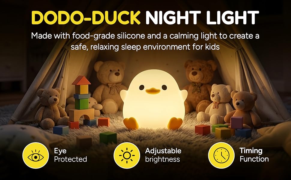 Cute duck-shaped night light with adjustable brightness and timer.