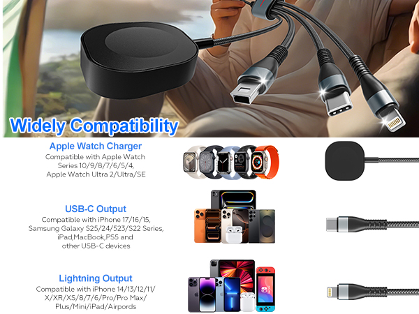 This is a 4 in 1 multi charging cable apple watch usb c lightning micro usb, for multiple device 