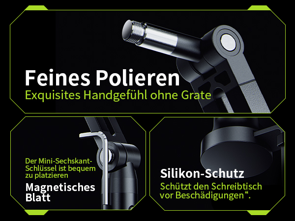 Close-up of a sleek black handheld device with rotating head. Features magnetic attachment and silicone protection. German text suggests fine polishing functionality.