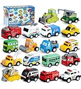 JOYIN 18 Pcs Pull Back City Cars and Trucks Toy Vehicles Set, Friction Powered Cars Toys for Todd...