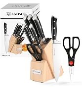 KATISUN 8 Piece German Stainless Steel Knife Set With Block, Ergonomic Handle Chef Knives, Sharpe...