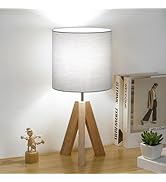 Brightever Small Bedside Table Lamp, Wooden Tripod Modern Table Lamp with Grey Linen Fabric Shade...