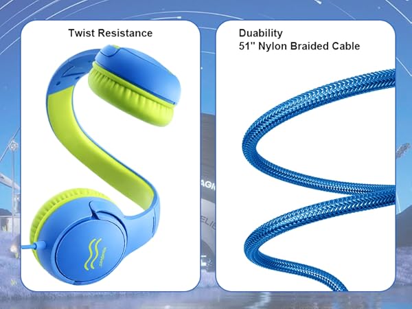 Durable wired kids headphones with volume limiter and built-in microphone for long-lasting comfort