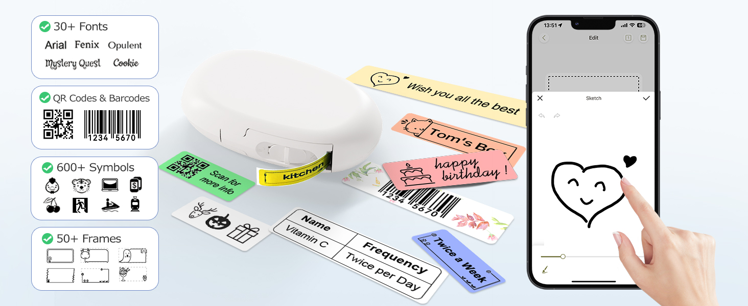 Label App: 40 fonts, 30 frames, 450+ icons for custom designs.
