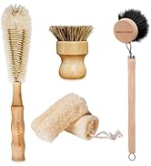 5-Pieces Dish Brush Set with Wooden Handle Dish Scrub Brush, Palm Brush, Loofah Dish Sponge and B...