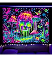 Nuxovilar UV Reactive Tapestry – Skull and Mushroom Scene Blacklight Wall Hanging, Enchanted Fore...