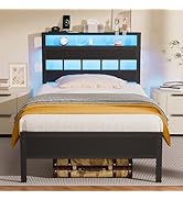 Furnulem Twin Bed Frames with Charging Station and LED Lights, Twin Size Platform Bed with Metal ...