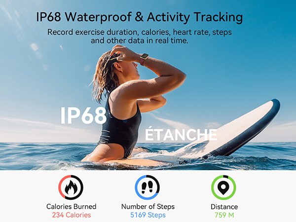 IP68 waterproof activity tracker with steps/calories burned/distance