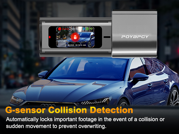 Dash cam with G-sensor collision detection feature, showing device mounted on car windshield. Blue car in background illustrates usage context.
