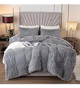 EMME Luxury Fuzzy Duvet Cover Set Queen Size Fluffy Comforter Cover Set for Queen Bed Shaggy and ...