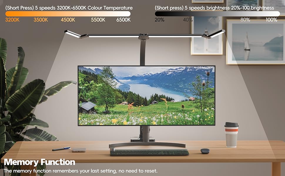 5-Speed Color Temperature LED Desk Lamp with Memory Function, 5-Level Brightness