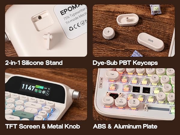Text reads '2-in-1 Silicone Stand', 'Dye-Sub PBT Keycaps', 'TFT Screen &amp; Metal Knob', 'ABS &amp; Aluminum Plate'. Computer peripheral components displayed on wooden surface.