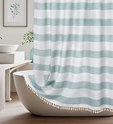 Seenus Boho Farmhouse Thick Cotton Linen Shower Curtain with Tassels Teal White Striped Bathroom