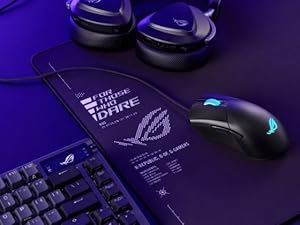 ROG Gladius III Core mouse on a desk with a complete ROG gaming setup